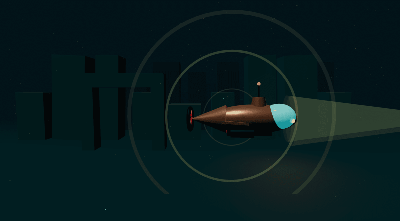 Captura do jogo Nautilo 47 com o submersível explorando uma cidade submersa.